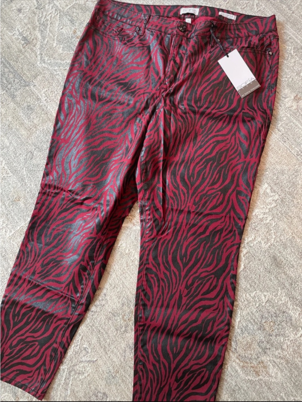 Sofia Vergara Women Wine/Black Sofia Skinny Zebra Foil Mid Rise Ankle Jeans 18